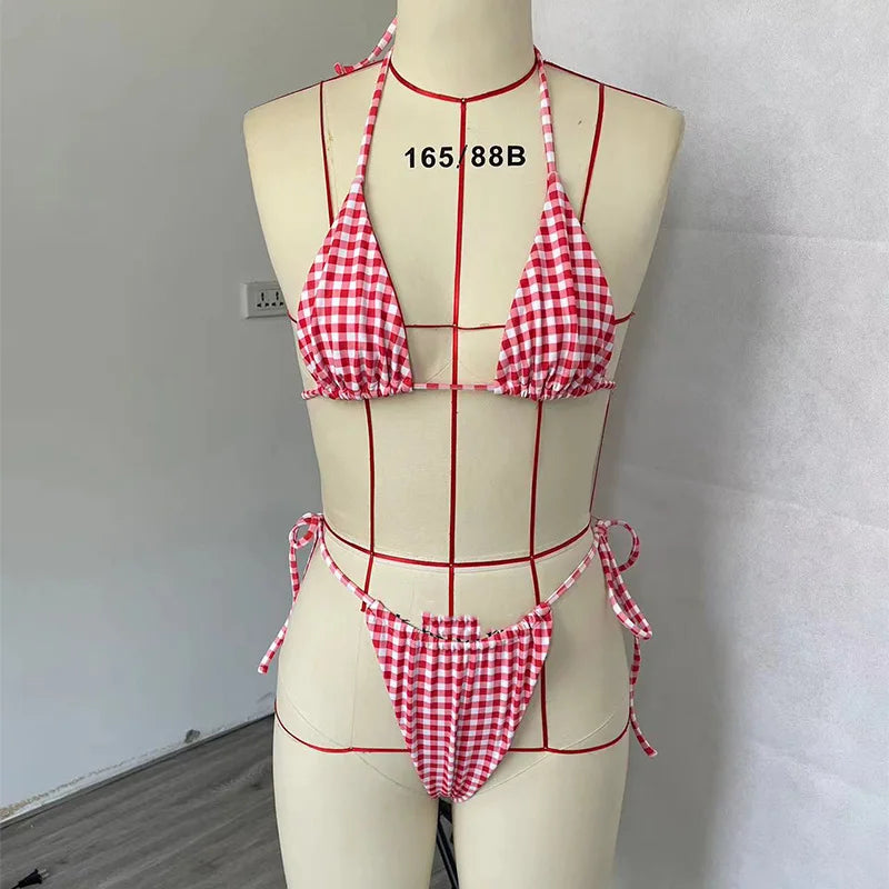 BEACHSISSI-2023 Summer New Sexy Women's Halter Strap Red Plaid Beach Seaside Vacation Bikini Two-piece