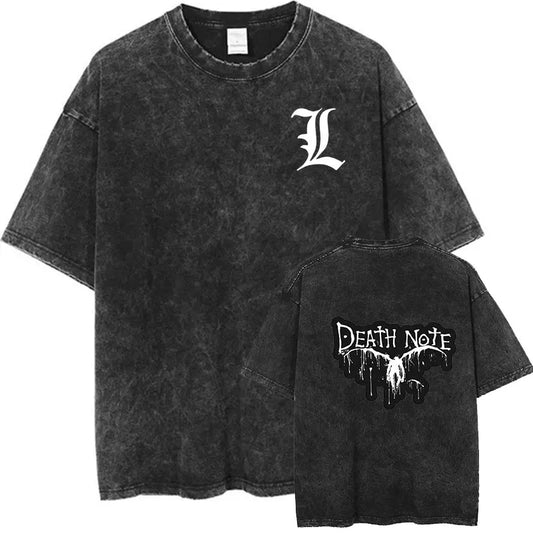 Anime Death Note Graphic Tees for Women Vintage Washed Cotton T-Shirt Tops Oversized Tshirt Harajuku Streetwear Outfits