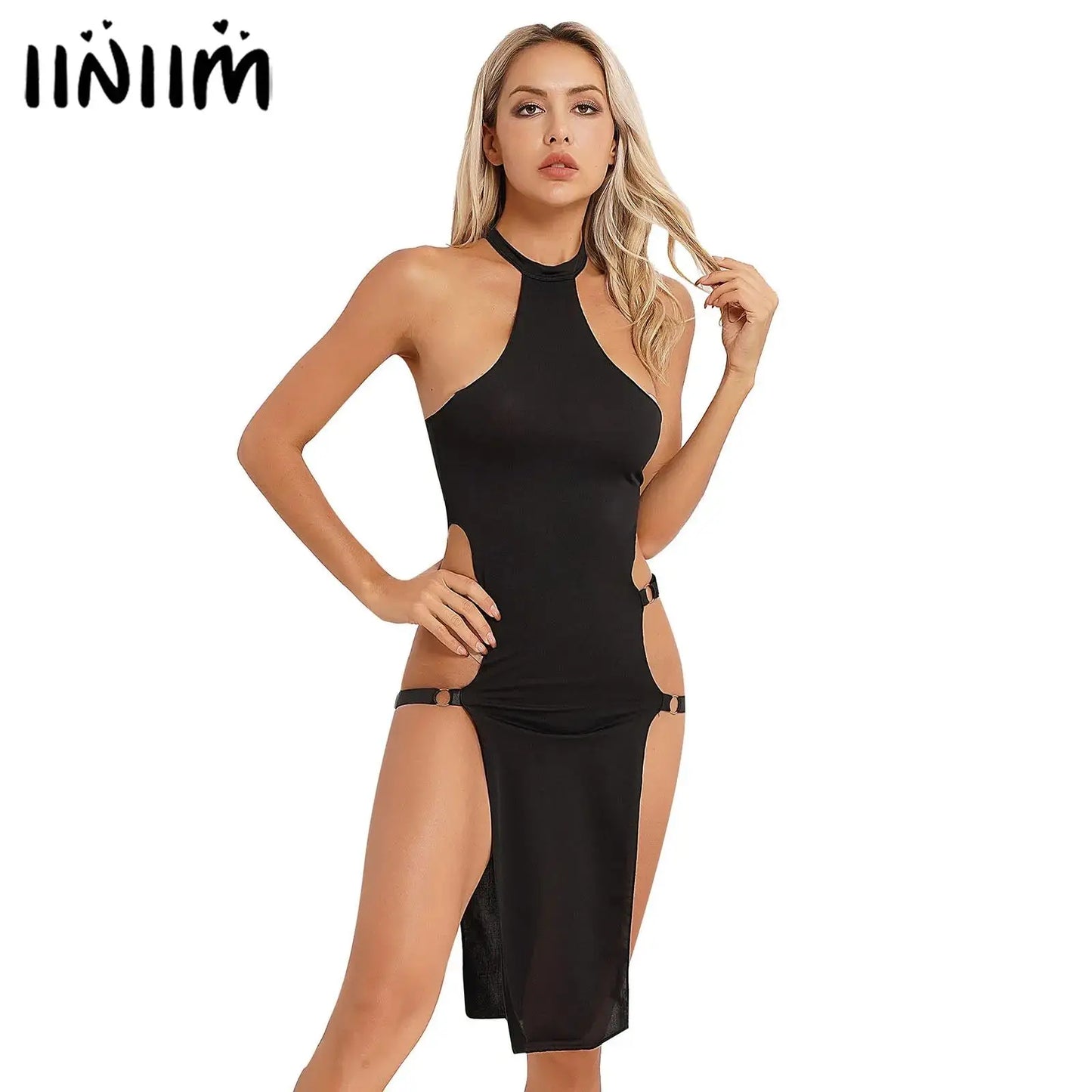 Sexy Womens Solid Color Adjustable Strappy Dresses Lingerie Sides Split High Cut Sleeveless Bodycon Dress Cosplay Party Clubwear