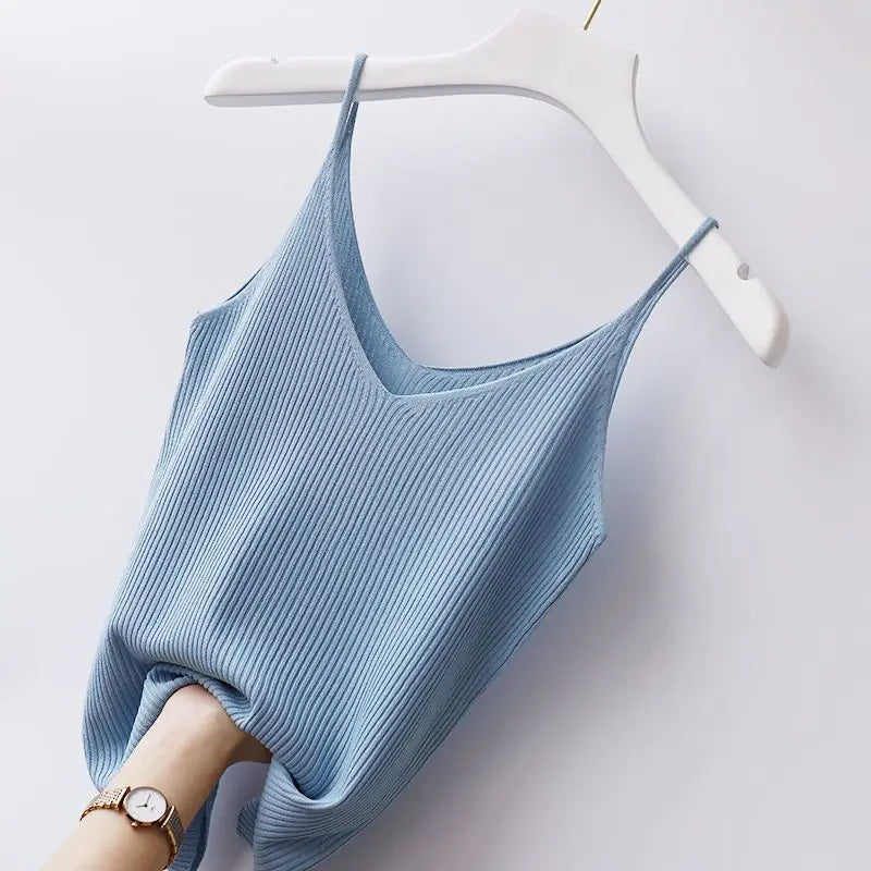 New Knitted Small Suspender Tank Top Women Wear Solid Color Slim Sexy V-neck Sleeveless Summer Korean Fashion Clothing Vest Top