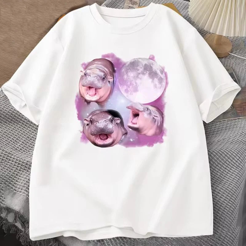 Three Moo Deng Moon Tshirt Men Women Fuuny Cartoon Cute Moodeng T-shirt Short Sleeve O Neck Men's Clothing