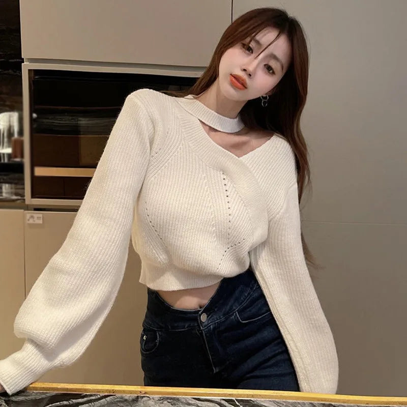 Women's Neck Hanging Solid Sweater Warm Pullover Sweater V-neck Cross Neck Off Shoulder Knitwear Tops