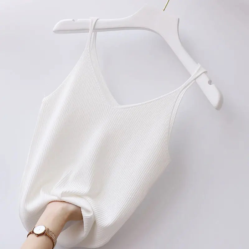 New Knitted Small Suspender Tank Top Women Wear Solid Color Slim Sexy V-neck Sleeveless Summer Korean Fashion Clothing Vest Top