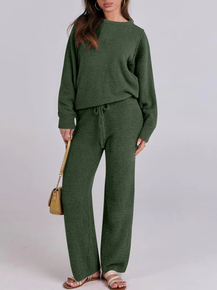 Solid Color Women's Round Neck Long Sleeve Trousers Warm Suit